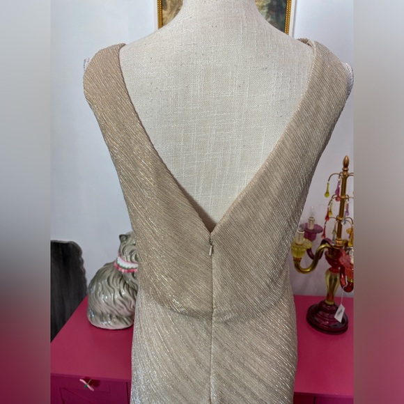 JENNY YOO MADELYN DRAPE NECK GOLD METALLIC GOWN MAXI DRESS SIZE 14 - Picture 7 of 12
